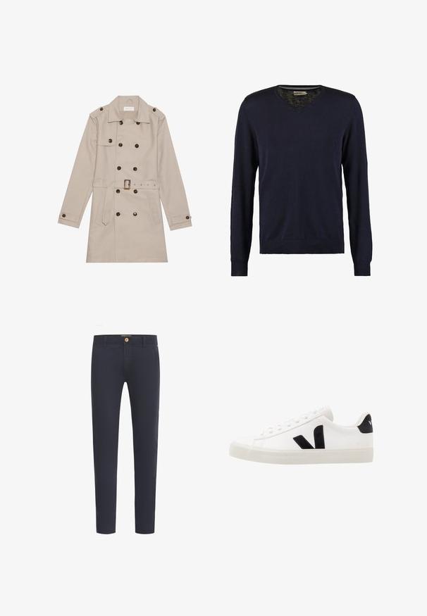 Beige trenchcoat med dobbelt række, store mørke knapper, talje med bælte, skulderlapper og to frontlommer.; Mørkeblå v-hals sweater med lange ærmer, lavet af blødt strikket materiale, med ribbede manchetter og kant, glat overflade og uden synlige mønstre.; Marineblå bukser lavet af glat stof, med almindelig pasform, fem-lomme design og foran knaplukning.; Hvide lædersneakers med sorte ruskindsdetaljer; har en gummisål, rund tå og klassisk snørebåndsdesign. Side logo i sort.