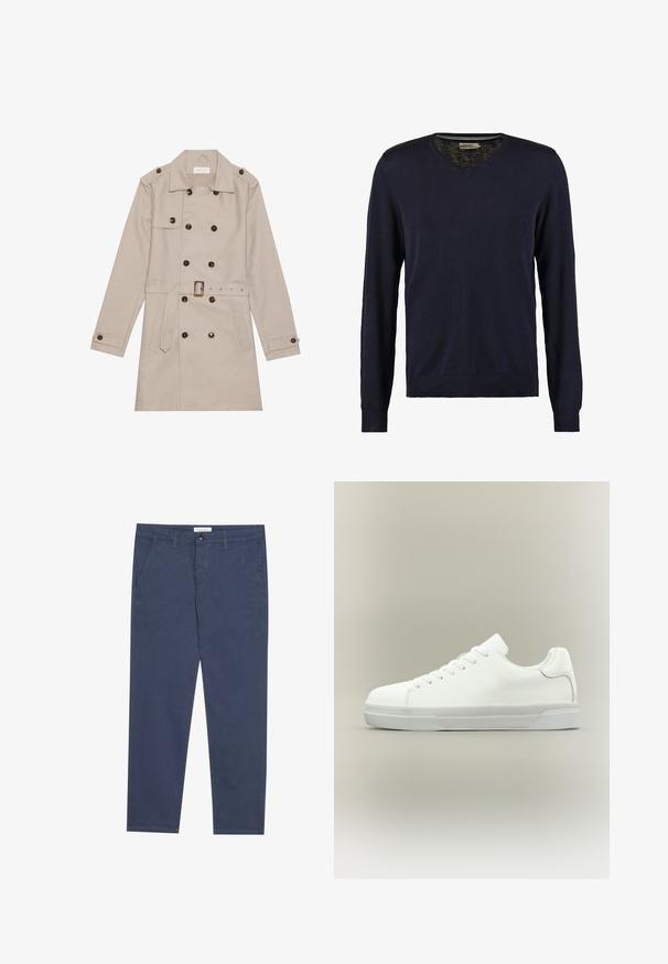 Manteau beige à double boutonnage, grandes boutons foncés, taille ceinturée, épaulettes et deux poches frontales.; Pull en v bleu marine à manches longues, fabriqué en maille douce, avec des poignets et un ourlet côtelés, une texture lisse et sans motifs visibles.; Chinos en coton bleu marine avec une coupe droite, deux poches avant et des détails de couture subtils, dotés d'une taille avec fermeture à bouton.; Baskets basses blanches à lacets, doté d'un col rembourré et d'une semelle en caoutchouc texturée, présentées de profil sur un fond neutre.