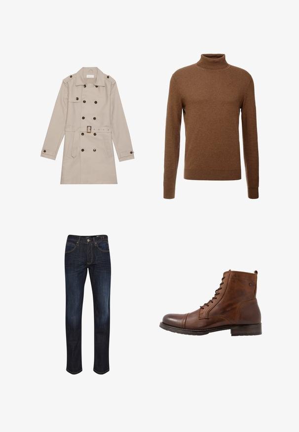 Beige Trenchcoat mit doppelreihigem Design, großen dunklen Knöpfen, tailliertem Gürtel, Schulterklappen und zwei vorderen Taschen.; Brauner Rollkragenpullover aus weichem Stoff, mit langen Ärmeln, gerippten Bündchen und tailliertem Schnitt ohne sichtbare Muster.; Dunkelblaue Denim-Jeans mit geradem Bein, fünf Taschen, goldenen Nähten und einer glatten Textur. Knopfverschluss an der Taille.; Braune Leder-Ankle-Boots mit Schnürdesign, abgerundeter Spitze, Gummisohle und dezentem tonalen Stich. Verfügt über eine kleine Schlaufe auf der Rückseite.