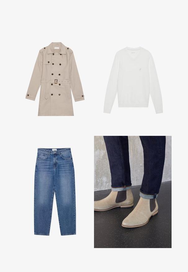 Beige trenchcoat med dobbelt række, store mørke knapper, talje med bælte, skulderlapper og to frontlommer.; Hvid V-hals sweater i blød stof, med lange ærmer og et lille broderet logo på venstre bryst. Glat tekstur, klassisk design.; Blå denim jeans med høj talje, lige ben design og slidte finish. Har fem lommer og en knaplukning.; Lyse beige ruskind Chelsea-støvler med mørke elastiske sidepaneler, båret med mørke op rullede denimjeans på sort plettet gulv.