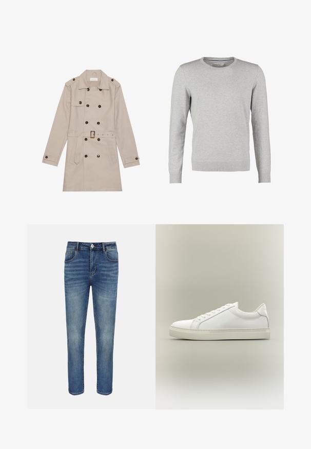 Trench beige con diseño de doble botón, grandes botones oscuros, cintura ceñida con cinturón, hombreras y dos bolsillos frontales.; Suéter gris de mangas largas, con cuello redondo, puños y dobladillo acanalados. Está hecho de un material de punto suave con una textura uniforme. Sin patrones ni acentos.; Jeans vaqueros azul de corte recto con botón y cremallera delanteros, trabillas para cinturón y bolsillos delante y detrás.; Zapatilla blanca de perfil bajo con cordones en la parte delantera y suela gruesa, mostrada de lado sobre un fondo neutro.