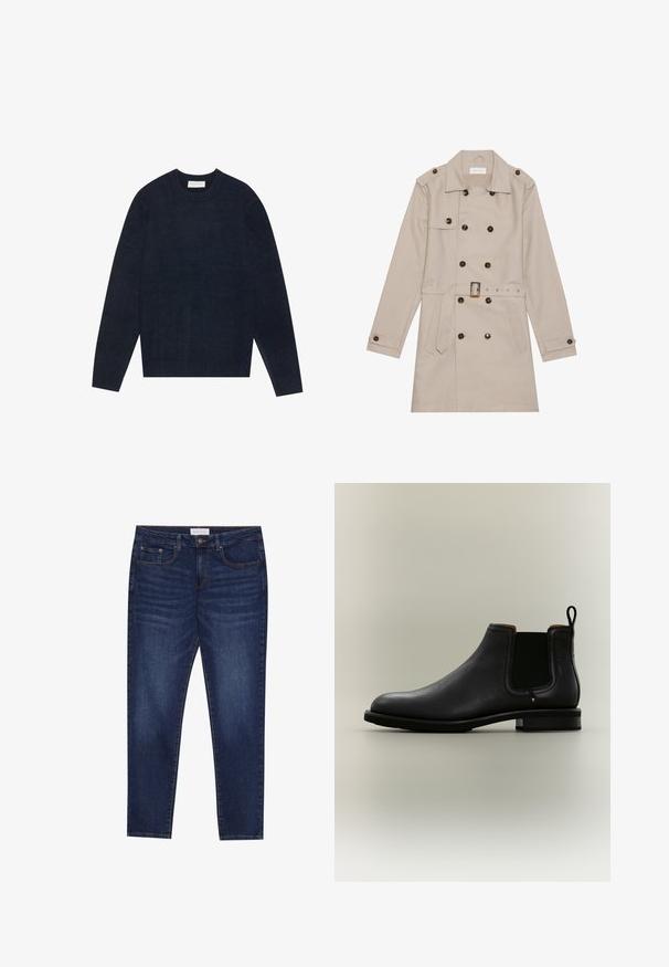Manteau beige à double boutonnage, grandes boutons foncés, taille ceinturée, épaulettes et deux poches frontales.; Pull bleu marine à col rond en tissu doux, avec des poignets et un ourlet côtelés, et une texture lisse avec un minimum de détails.; Jean slim-fit bleu foncé avec cinq poches, fermeture à bouton et couture contrastante, étiqueté Pier One à la taille.; Bottine Chelsea en cuir noir avec panneaux latéraux élastiques et languette sur fond gris clair.