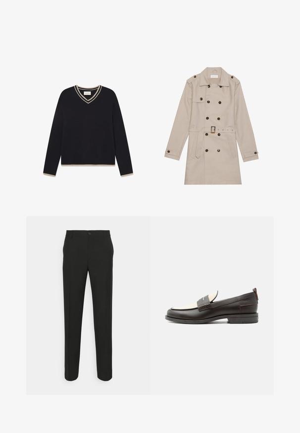 Beige trench coat, jossa on kaksirivinen malli, suuret tummat napit, vyötäröllä vyö, hartiapaikat ja kaksi etutaskua.; WOOD WOOD WWCOBEK V-NECK - Neule - salute; Mustat räätälöidyt housut suoran leikkauksen omaavina, joissa on yksittäinen napitus ja vyölenkit. Sujuva, matta kangas ilman kuvioita.; Miesten tummanruskea nahkainen loafer-kenkä, jossa vaalea kangaspaneeli ja klassinen tikattu hihnatyyli, tasainen pohja ja vedinkieleke kantapäässä.