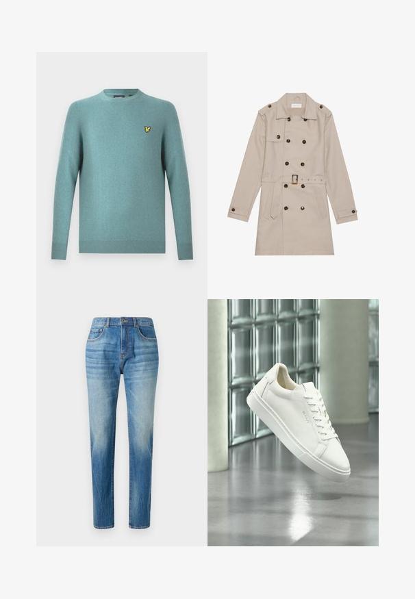 Trench beige con diseño de doble botón, grandes botones oscuros, cintura ceñida con cinturón, hombreras y dos bolsillos frontales.; Suéter de cuello redondo en tejido suave color verde azulado, con mangas largas y borde acanalado. Detalle de logo bordado en amarillo en el pecho.; Jeans de mezclilla azul claro, diseño de pierna recta, con una cintura alta, sutil desvanecimiento y un estilo clásico de cinco bolsillos. Cierre de botón de metal.; Zapatilla blanca de corte bajo con cordones flotando sobre un suelo de hormigón reflectante frente a una pared de bloques de vidrio.