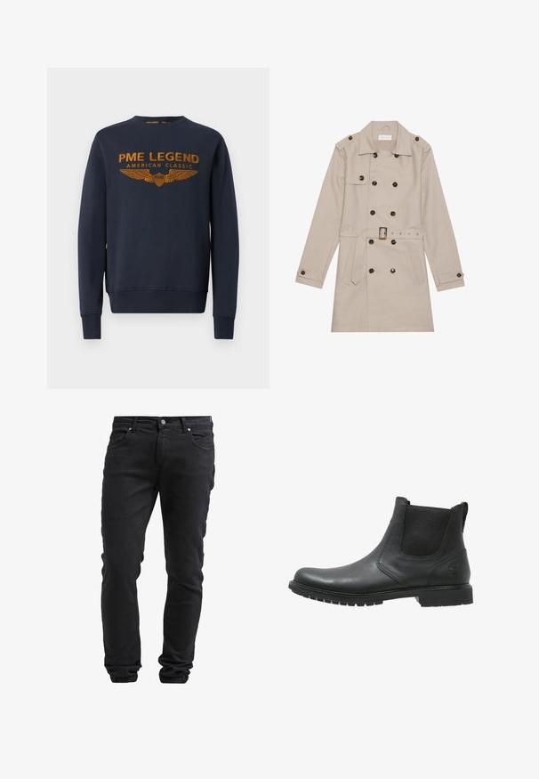 Beige trenchcoat med dobbelt række, store mørke knapper, talje med bælte, skulderlapper og to frontlommer.; Mørkeblå sweatshirt lavet af bomuld, med et gyldent trykt logo med vinger. Rund hals, lange ærmer, ribbede manchetter og kant.; Sorte slim-fit jeans med knap- og lynlås-lukning, fem lommer og elastiske manchetter ved anklerne.; Sort læder Chelsea-støvle med elastiske sidepaneler, runde tå og tekstureret gummisål. Har et logo på hælen.