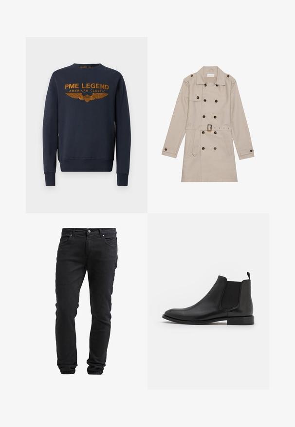 Beige trenchcoat med dobbelt række, store mørke knapper, talje med bælte, skulderlapper og to frontlommer.; Mørkeblå sweatshirt lavet af bomuld, med et gyldent trykt logo med vinger. Rund hals, lange ærmer, ribbede manchetter og kant.; Sorte slim-fit jeans med knap- og lynlås-lukning, fem lommer og elastiske manchetter ved anklerne.; Sorte læder Chelsea støvle med elastiske sidepaneler, en rund tå og en lav hæl. Glat tekstur med et minimalistisk design.