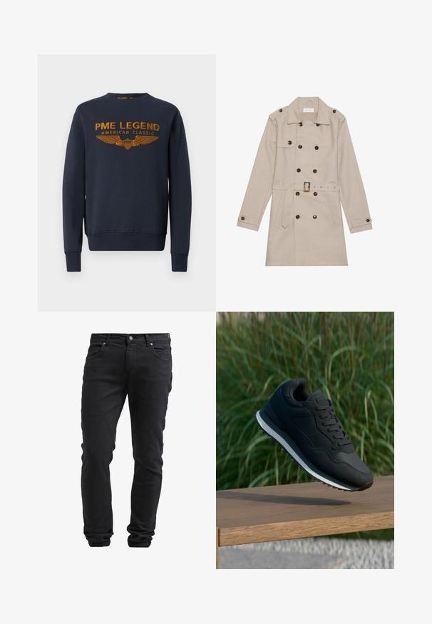 Beige trenchcoat met een dubbelzijdig ontwerp, grote donkere knopen, een ceintuur in de taille, schouderepauletten en twee vo zakken.; Marineblauwe sweatshirt van katoen, voorzien van een gouden bedrukte logo met vleugels. Ronde hals, lange mouwen, ribgebreide manchetten en onderrand.; Zwarte slim-fit jeans met knoop- en ritssluiting, vijf zakken en elastische boorden bij de enkels.; Zwarte sportieve schoen met een gestructureerde bovenkant, vetersluiting en contrasterende witte tussenzool; in de lucht weergegeven boven een houten oppervlak.