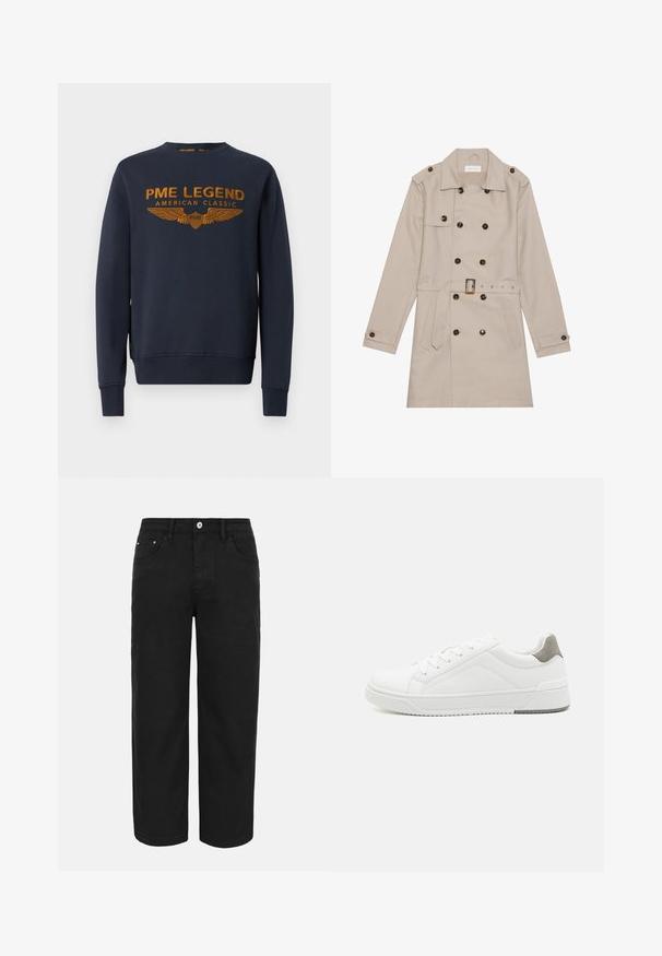 Beige trenchcoat med dobbelt række, store mørke knapper, talje med bælte, skulderlapper og to frontlommer.; Mørkeblå sweatshirt lavet af bomuld, med et gyldent trykt logo med vinger. Rund hals, lange ærmer, ribbede manchetter og kant.; Sorte bukser med lige ben, forrest med knap- og lynlåslukning, bæltestropper og tre forlommer på en ensfarvet lys baggrund.; Hvid sneaker lavet af glat læder, rund tå, minimalistisk design, grå hælafsats og tekstureret gummisål.