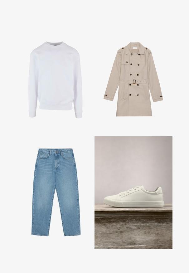 Manteau beige à double boutonnage, grandes boutons foncés, taille ceinturée, épaulettes et deux poches frontales.; Sweatshirt blanc avec un col rond, des poignets et un ourlet côtelés, et un design simple. Fabriqué en tissu doux et léger.; Jean en denim bleu clair avec une coupe droite, design cinq poches et une texture légèrement délavée. Dispose d'une fermeture à bouton et à glissière.; Sneaker en dentelle blanche flottant au-dessus d'un banc en bois avec un feuillage vert en arrière-plan, mettant en valeur le design et la texture de la chaussure.