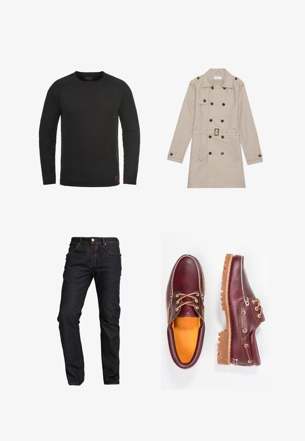 Manteau beige à double boutonnage, grandes boutons foncés, taille ceinturée, épaulettes et deux poches frontales.; Sweatshirt noir à manches longues et col rond, fabriqué en tissu texturé, avec un petit patch de marque marron sur le côté inférieur droit.; LTB RODEN - Jean droit - waterless wash; Chaussures en cuir bourgogne avec semelles en caoutchouc marron, bout rond, couture blanche et œillets dorés. L'intérieur présente une doublure jaune.