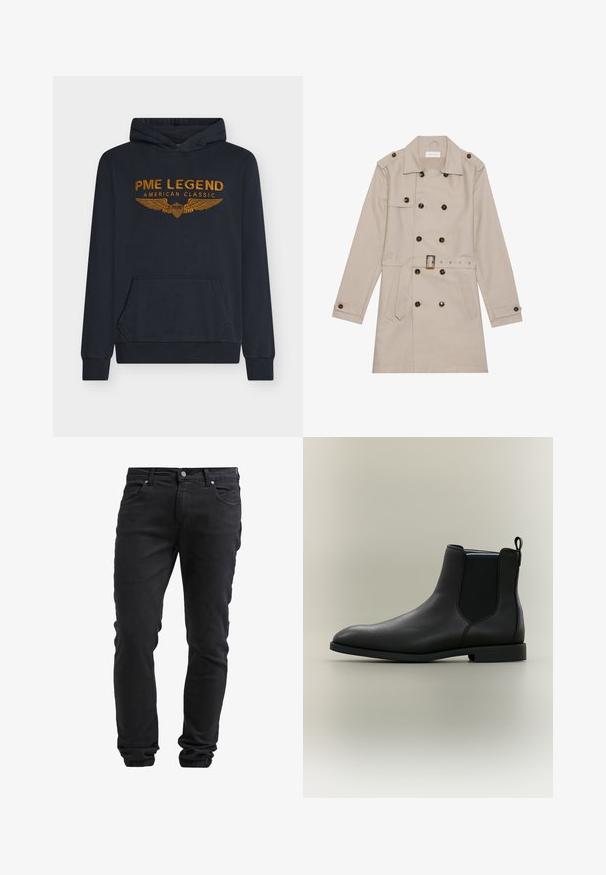 Beige trenchcoat met een dubbelzijdig ontwerp, grote donkere knopen, een ceintuur in de taille, schouderepauletten en twee vo zakken.; Marineblauwe hoodie van zachte stof met oranje geborduurde tekst "PME LEGEND AMERICAN CLASSIC" met vleugelontwerp en een voorkantzak.; Zwarte slim-fit jeans met knoop- en ritssluiting, vijf zakken en elastische boorden bij de enkels.; Zwarte leren Chelsea-laars met elastische zijpanelen en aantreklus, lage hak en gladde afgeronde neus op een neutrale achtergrond.