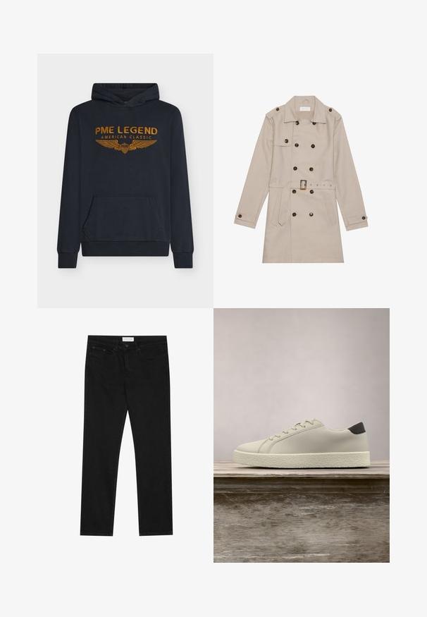 Trench beige con diseño de doble botón, grandes botones oscuros, cintura ceñida con cinturón, hombreras y dos bolsillos frontales.; Sudadera con capucha azul marino hecha de tela suave, con texto bordado en naranja "PME LEGEND AMERICAN CLASSIC" acompañado de un diseño de alas y un bolsillo frontal.; Jeans negros de pierna recta con diseño de cinco bolsillos, cierre de botón y cremallera, y etiqueta de la marca Pier One en la cinturilla.; Zapatilla blanca con suela texturizada y detalle negro en el talón, flotando sobre un banco de madera con hierba alta y verde de fondo.
