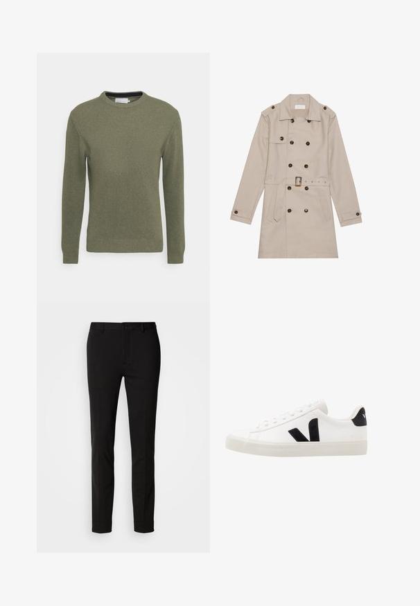 Beige Trenchcoat mit doppelreihigem Design, großen dunklen Knöpfen, tailliertem Gürtel, Schulterklappen und zwei vorderen Taschen.; Grüner Rundhalsausschnitt-Pullover aus strukturiertem Strickmaterial. Verfügt über lange Ärmel sowie gerippte Bündchen und Saum. Schlichtes, ungeschmücktes Design.; Schwarze Hose mitSlim-Fit, ausgestattet mit einem Knopfverschluss und Gürtelschlaufen. Aus glattem Stoff mit leichtem Glanz, ohne erkennbare Muster.; Weiße Leder-Sneaker mit schwarzen Wildlederelementen; verfügen über eine Gummisohle, eine runde Spitze und ein klassisches Schnürdesign. Seitliches Logo in Schwarz.