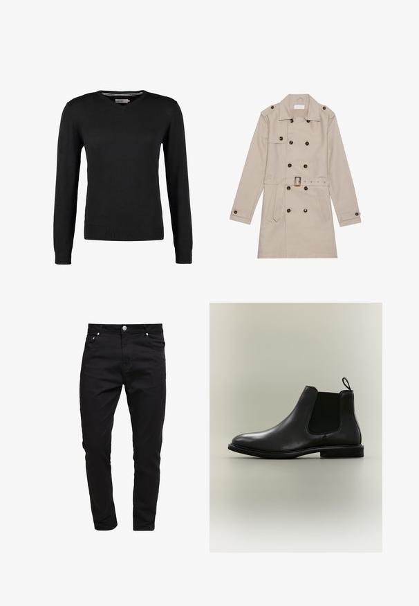 Manteau beige à double boutonnage, grandes boutons foncés, taille ceinturée, épaulettes et deux poches frontales.; Pull noir, ajusté, à col en V avec des manches longues. Fabriqué en tissu tricot doux, avec des bords côtes aux poignets et à la taille. Design minimaliste.; Jean noir en tissu denim, design slim fit, style à cinq poches, fermeture à bouton métallique, avec des détails de couture et une texture lisse.; Botte Chelsea en cuir noir avec panneau latéral élastique, languette à l'arrière, semelle plate et bout arrondi, présentée sur un fond gris clair.