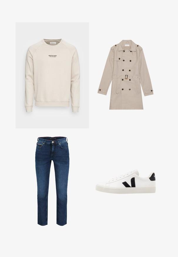 Manteau beige à double boutonnage, grandes boutons foncés, taille ceinturée, épaulettes et deux poches frontales.; Sweatshirt de couleur crème avec des manches raglan, des poignets côtelés et un ourlet côtelé. Présente un logo en texte noir à l'avant. Tissu doux et texturé.; Jean en denim bleu foncé avec une coupe droite, doté d'une fermeture éclair, de cinq poches et de coutures rouges sur la taille. Texture lisse.; Sneaker blanche en cuir avec des accents en daim noir ; dispose d'une semelle en caoutchouc, d'un bout rond et d'un design classique à lacets. Logo latéral en noir.