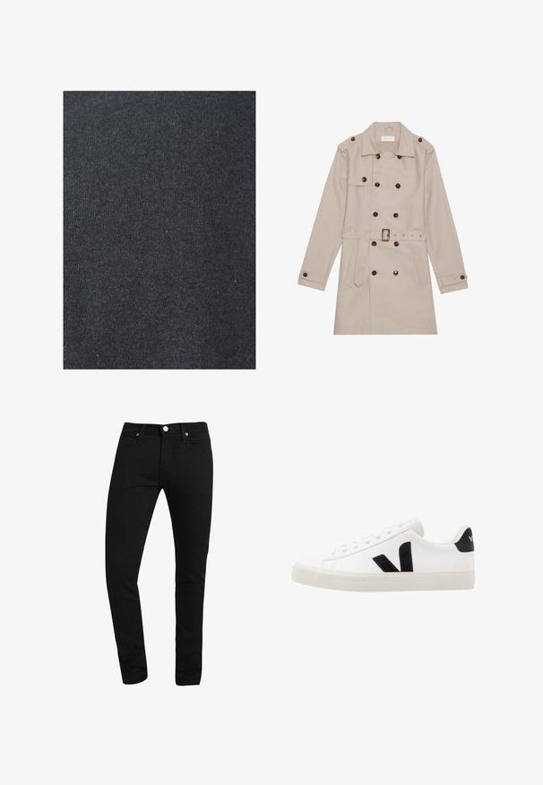 Manteau beige à double boutonnage, grandes boutons foncés, taille ceinturée, épaulettes et deux poches frontales.; Tissu en coton noir avec une texture lisse, présentant un motif de tricot uniforme et sans embellissements ni détails en métal visibles.; Jean slim noir avec poches avant, passants de ceinture, fermeture à bouton et coutures visibles sur fond blanc.; Sneaker blanche en cuir avec des accents en daim noir ; dispose d'une semelle en caoutchouc, d'un bout rond et d'un design classique à lacets. Logo latéral en noir.