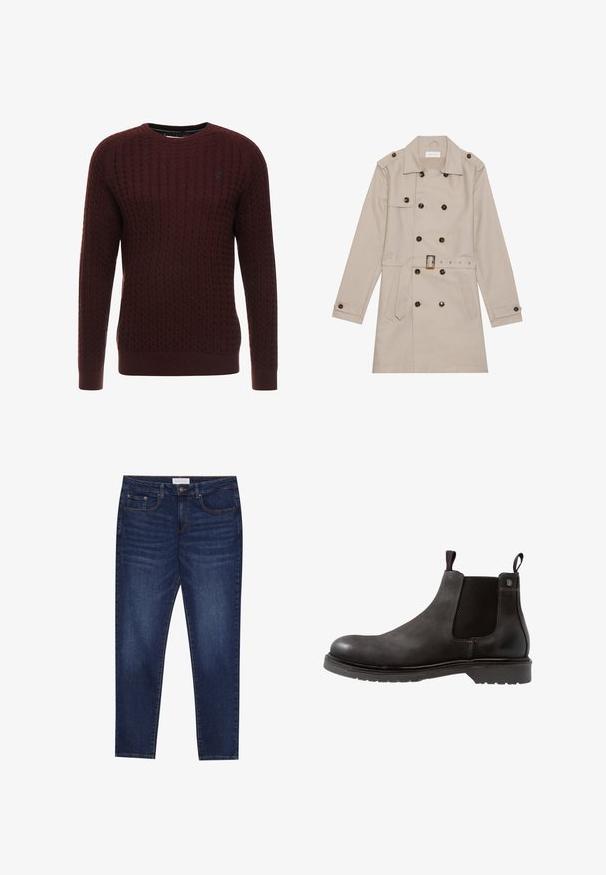 Trench beige con diseño de doble botón, grandes botones oscuros, cintura ceñida con cinturón, hombreras y dos bolsillos frontales.; Suéter de punto burdeos con un patrón texturizado, cuello redondo y mangas largas. Presenta puños y dobladillo acanalados. Detalle de logo sutil.; Jeans ajustados de color azul oscuro con cinco bolsillos, cierre de botones y costuras de contraste, etiquetados como Pier One en la cinturilla.; Botín Chelsea de cuero negro con paneles laterales elásticos, superficie texturizada y suela de goma. Presenta un tirador en rojo y azul.