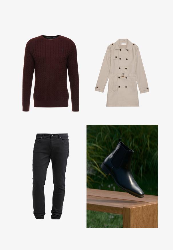 Trench beige con diseño de doble botón, grandes botones oscuros, cintura ceñida con cinturón, hombreras y dos bolsillos frontales.; Suéter de punto burdeos con un patrón texturizado, cuello redondo y mangas largas. Presenta puños y dobladillo acanalados. Detalle de logo sutil.; Jeans negros slim fit con cierre de botón y cremallera, cinco bolsillos y puños elásticos en los tobillos.; Bota Chelsea de cuero negro flotando sobre un banco de madera con hierba y plantas de fondo.