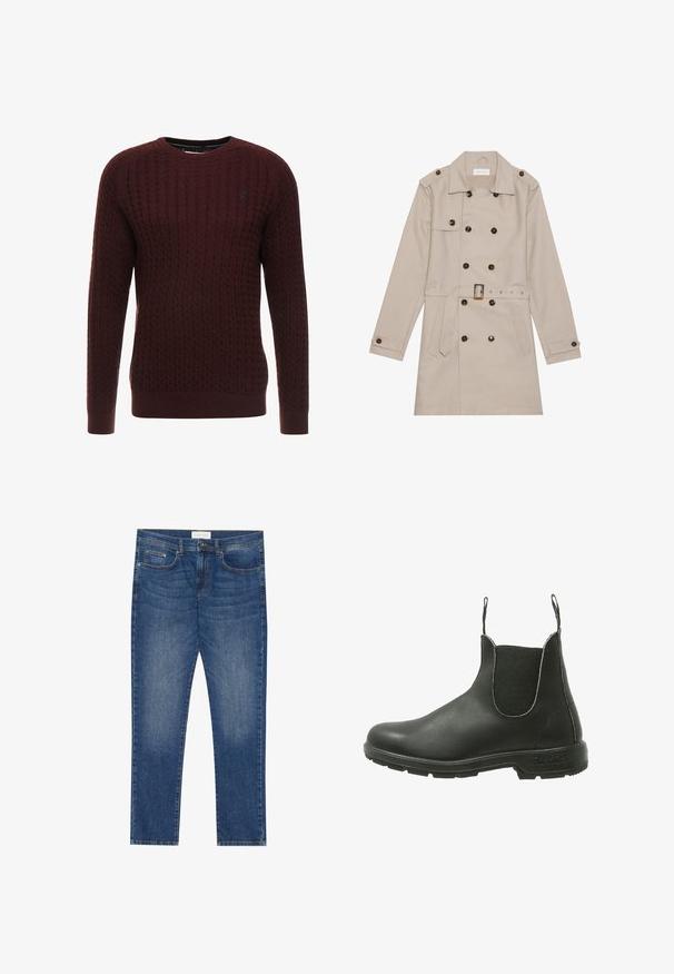 Trench beige con diseño de doble botón, grandes botones oscuros, cintura ceñida con cinturón, hombreras y dos bolsillos frontales.; Suéter de punto burdeos con un patrón texturizado, cuello redondo y mangas largas. Presenta puños y dobladillo acanalados. Detalle de logo sutil.; Jeans de mezclilla azul para hombre con corte recto, cinco bolsillos, detalle de ligeramente desgastado y cierre estándar de botón y cremallera.; Bota Chelsea de cuero negro con paneles laterales elásticos, puntera redondeada y suela de goma texturizada, diseñada para un uso fácil al poner y quitar.