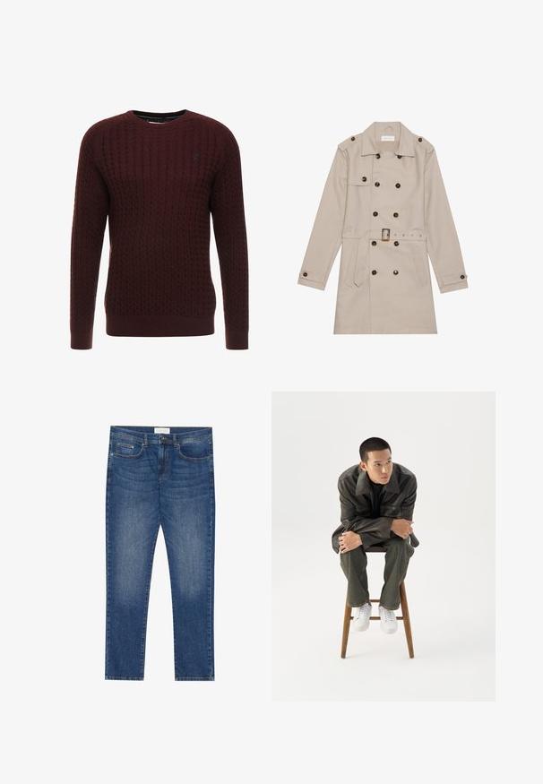 Trench beige con diseño de doble botón, grandes botones oscuros, cintura ceñida con cinturón, hombreras y dos bolsillos frontales.; Suéter de punto burdeos con un patrón texturizado, cuello redondo y mangas largas. Presenta puños y dobladillo acanalados. Detalle de logo sutil.; Jeans de mezclilla azul para hombre con corte recto, cinco bolsillos, detalle de ligeramente desgastado y cierre estándar de botón y cremallera.; Joven con chaqueta de cuero oscura y vaqueros sentado en un taburete de madera, inclinado hacia adelante con los brazos cruzados, mirando hacia un lado contra un fondo blanco.