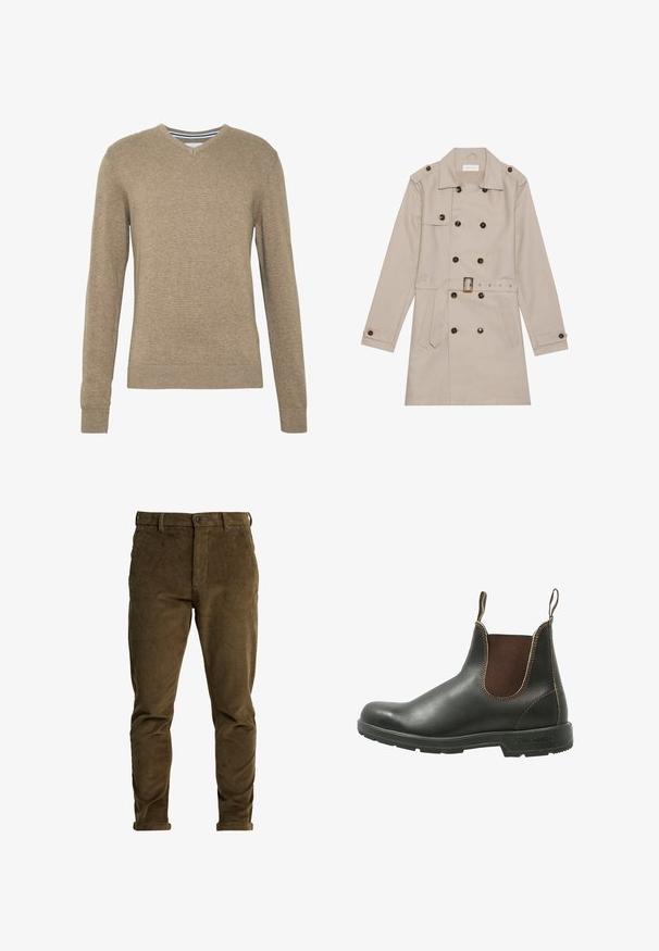 Trench beige con diseño de doble botón, grandes botones oscuros, cintura ceñida con cinturón, hombreras y dos bolsillos frontales.; Suéter con cuello en V hecho de un suave tejido de punto en marrón claro, con mangas largas y puños y bajo acanalados. Textura sutil en toda la tela.; Pantalones de pana marrones con un corte ajustado, que cuentan con un cierre de botón y dobladillos enrollados, exhibiendo una tela suave y texturizada con estrías verticales.; Botín Chelsea hecho de cuero negro liso con paneles de elastano marrón en los laterales, costuras en contraste y una suela de goma texturizada.