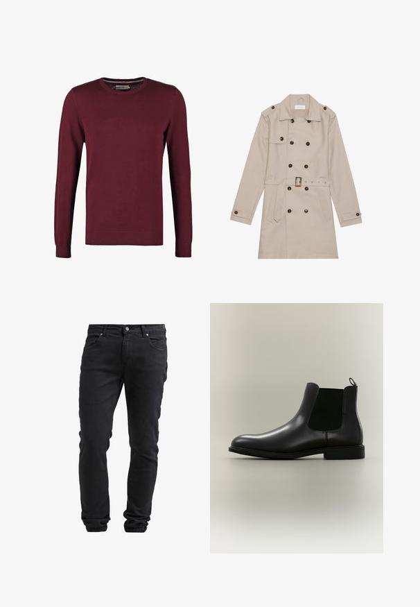 Manteau beige à double boutonnage, grandes boutons foncés, taille ceinturée, épaulettes et deux poches frontales.; Pull en jersey bordeaux avec un col rond, fabriqué en tissu lisse, doté de manches longues et de poignets et ourlet côtelés pour une texture supplémentaire.; Jeans noirs ajustés avec fermeture à bouton et à glissière, cinq poches et poignets élastiques aux chevilles.; Botte Chelsea en cuir noir avec panneaux latéraux élastiques et languette sur un fond neutre, vue de profil latéral.