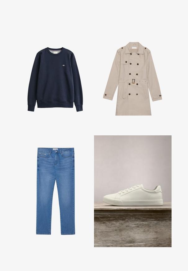 Manteau beige à double boutonnage, grandes boutons foncés, taille ceinturée, épaulettes et deux poches frontales.; Sweat-shirt bleu marine à col rond, manches longues et petit logo brodé sur la poitrine gauche. Poignets et ourlet en bord-côte.; Jeans en denim bleu clair avec une coupe droite, design à cinq poches, décoloration subtile et accents en métal au niveau de la taille et des poches.; Sneaker en dentelle blanche flottant au-dessus d'un banc en bois avec un feuillage vert en arrière-plan, mettant en valeur le design et la texture de la chaussure.