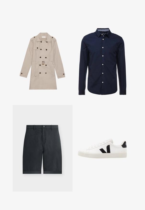 Trench beige con diseño de doble botón, grandes botones oscuros, cintura ceñida con cinturón, hombreras y dos bolsillos frontales.; Camisa de manga larga azul marino con cuello abotonado, interior del cuello a rayas en contraste y botones blancos en el frente. Textura suave.; Pantalones cortos negros hasta la rodilla con dobladillos vuelta, cierre con botón, trabillas para cinturón y diseño frontal plano sobre un fondo blanco liso.; Zapatilla de cuero blanca con acentos de ante negro; presenta una suela de goma, puntera redonda y un diseño clásico de cordones. Logo lateral en negro.
