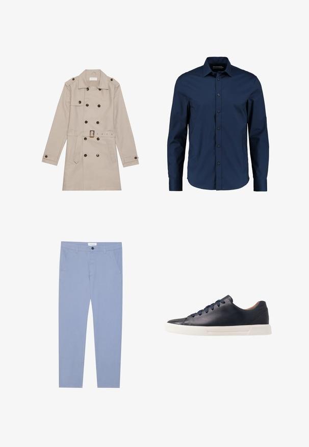 Beige Trenchcoat mit doppelreihigem Design, großen dunklen Knöpfen, tailliertem Gürtel, Schulterklappen und zwei vorderen Taschen.; Marineblaues Langarmhemd aus glattem Stoff, mit einem klassischen Kragen, vorderen Knöpfen und einer taillierten Passform mit abgerundetem Saum.; Himmelblaue Chinos aus weichem Stoff, ausgestattet mit zwei Fronttaschen und einem Knopfverschluss. Gerade geschnittenes Design mit klaren Linien.; Marineblaue Ledersneaker mit glatter Oberfläche, flacher weißer Gummisohle, runder Zehenpartie und sechs marineblauen Schnürsenkeln, die durch runde Ösen gefädelt sind.