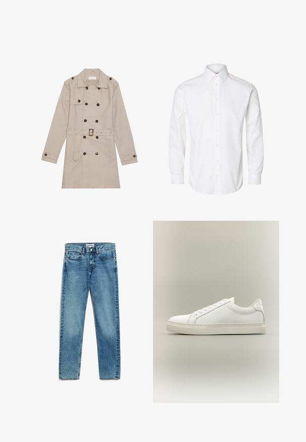 Beige Trenchcoat mit doppelreihigem Design, großen dunklen Knöpfen, tailliertem Gürtel, Schulterklappen und zwei vorderen Taschen.; Weißes langärmeliges Hemd mit spitzem Kragen, sichtbaren Knöpfen auf der Vorderseite und geknöpften Manschetten.; Helle blaue Denim-Jeans mit geradem Schnitt, fünf Taschen, Reißverschluss und dezentem Ausbleichen des Stoffes. Metallknopfverschluss.; Weißer Sneaker mit niedrigem Schaft, vorn mit Schnürung und dicker Sohle, aus der Seitenansicht vor neutralem Hintergrund.