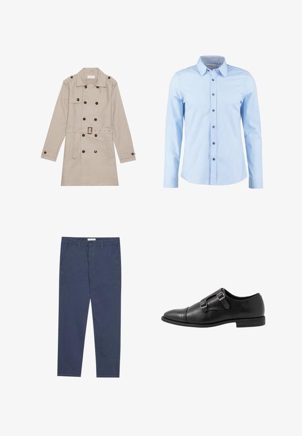 Trench coat bege com design de duplo peito, grandes botões escuros, cintura com cinto, epauletes nos ombros e dois bolsos frontais.; Camisa de vestido azul claro de manga comprida com botões escuros e colarinho interior aos quadrados, abotoada à frente.; Chinos de algodão azul-marinho com corte reto, dois bolsos frontais e detalhes de costura subtil, apresentando um cós com fecho de botão.; Sapatilha de monge em couro preto com duas fivelas prateadas, design de biqueira, bico redondo e sola de borracha de perfil baixo. Textura suave, silhueta elegante.