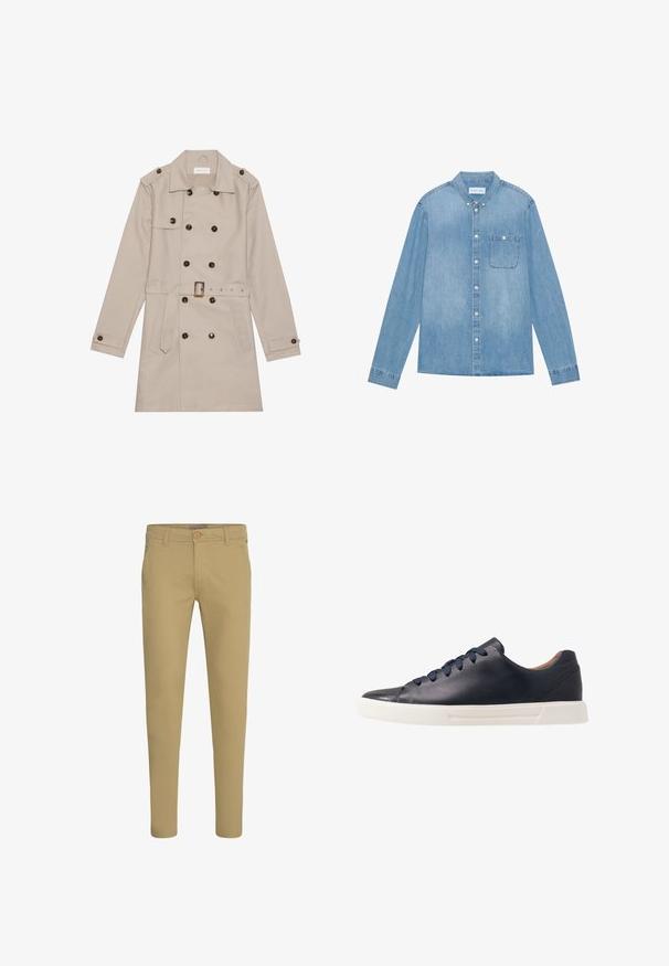 Beige Trenchcoat mit doppelreihigem Design, großen dunklen Knöpfen, tailliertem Gürtel, Schulterklappen und zwei vorderen Taschen.; Hellblaues Denim-Hemd mit Knopfleiste, langen Ärmeln, spitzem Kragen, einer Brusttasche und dezentem Verblassen des Stoffes.; Slim-Fit beige Chinos mit Knopf- und Reißverschluss, schrägen Vordertaschen und Gürtelschlaufen, auf weißem Hintergrund dargestellt.; Marineblaue Ledersneaker mit glatter Oberfläche, flacher weißer Gummisohle, runder Zehenpartie und sechs marineblauen Schnürsenkeln, die durch runde Ösen gefädelt sind.