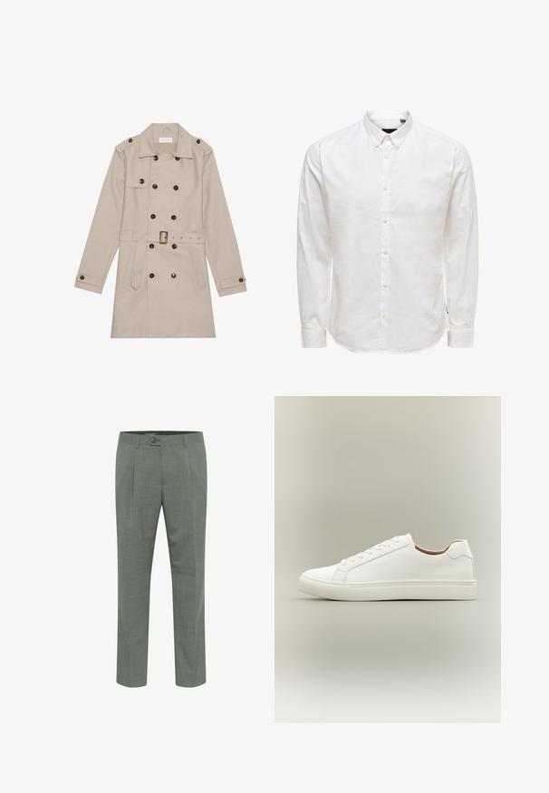 Beige Trenchcoat mit doppelreihigem Design, großen dunklen Knöpfen, tailliertem Gürtel, Schulterklappen und zwei vorderen Taschen.; Weißes Langarm-Hemd mit Knopfleiste und Kragen, mit glatter Textur und sechs Vorderknöpfen. Taillierte Passform mit geknöpften Ärmeln.; Maßgeschneiderte grüne Hosen mit strukturierter Oberfläche, ausgestattet mit einem einzelnen Knopfverschluss und einem gefältelten Vorderdesign. Gerader Beinabschluss.; Weißer Sneaker mit niedrigem Schaft, Schnürverschluss und flacher Sohle, seitlich auf neutralem Hintergrund gezeigt.