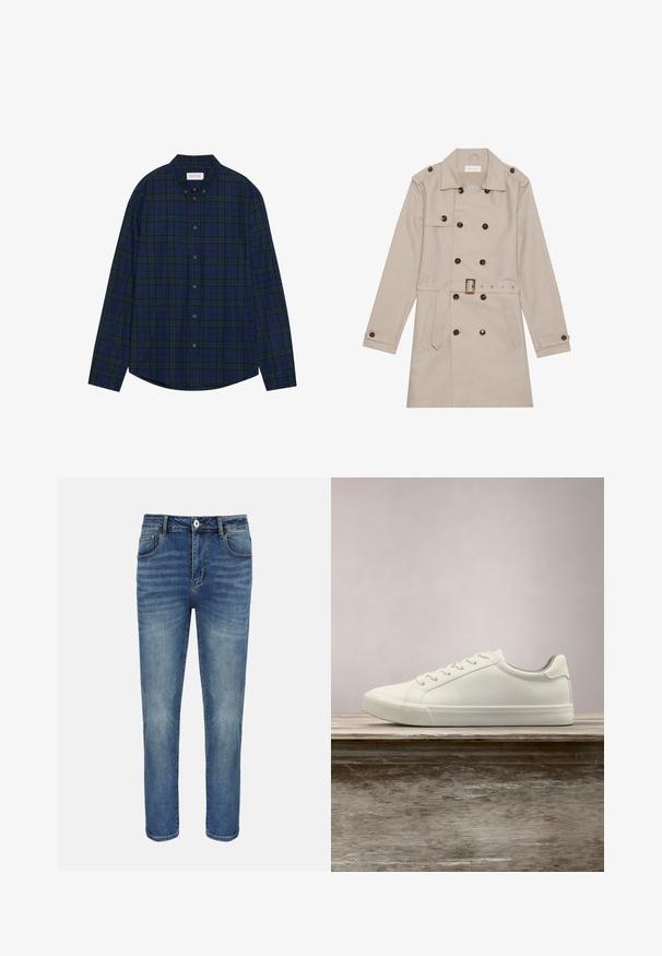 Beige trenchcoat med dobbelt række, store mørke knapper, talje med bælte, skulderlapper og to frontlommer.; Marineblå og grønternet knap-ned skjorte med afrundet søm, lange ærmer og krave. Har tolv knaplukninger. Blød stofstruktur.; Blå straight-leg cowboybukser med forreste knap og lynlås, bæltestropper samt for- og baglommer.; Hvide snørresneakers svævende over en træbænk med grønne planter i baggrunden, der fremhæver skodesign og tekstur.