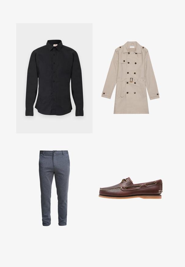 Beige Trenchcoat mit doppelreihigem Design, großen dunklen Knöpfen, tailliertem Gürtel, Schulterklappen und zwei vorderen Taschen.; Schwarzes, langärmeliges Hemd zum Knöpfen mit Kragen, geknöpften Manschetten und einem kleinen Logo auf der linken Brustseite, auf einer flachen Oberfläche dargestellt.; Herren-Dunkelgraue Slim-Fit-Hose mit Knopfverschluss und Gürtelschlaufen, präsentiert vor weißem Hintergrund.; Brauner Leder-Bootsschuh mit weißen Nähten, Schnürdetails und hellbrauner Gummisohle, seitlich auf weißem Hintergrund gezeigt.