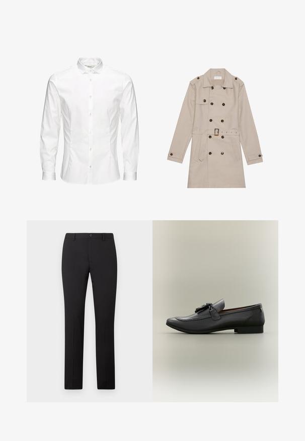 Manteau beige à double boutonnage, grandes boutons foncés, taille ceinturée, épaulettes et deux poches frontales.; Chemise blanche à manches longues avec boutons, fabriquée dans un tissu lisse. Dotée d'un col classique, de boutons sur le devant et de poignets à un bouton. Design ajusté.; Pantalon noir sur mesure avec une coupe droite, doté d'une fermeture à bouton et de passants pour ceinture. Confectionné dans un tissu lisse sans motifs apparents.; Mocassin en cuir noir avec un bout arrondi, un gland décoratif et des détails cousus. Talon plat avec un profil élégant et une texture lisse.