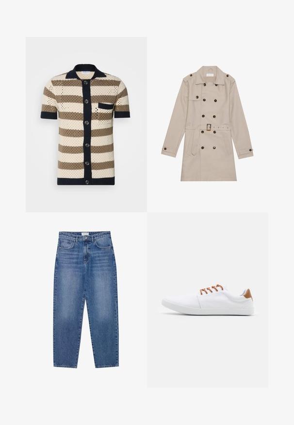 Beige trenchcoat med dobbelt række, store mørke knapper, talje med bælte, skulderlapper og to frontlommer.; Kortærmet, knap-op strik cardigan i creme, brun og marineblå striber. Har et struktureret væv og en enkelt brystlomme.; Blå denim jeans med høj talje, lige ben design og slidte finish. Har fem lommer og en knaplukning.; Hvide canvas sneakers med brune accenter, der har flade snørebånd, en lav silhuet og en tekstureret gummisål.