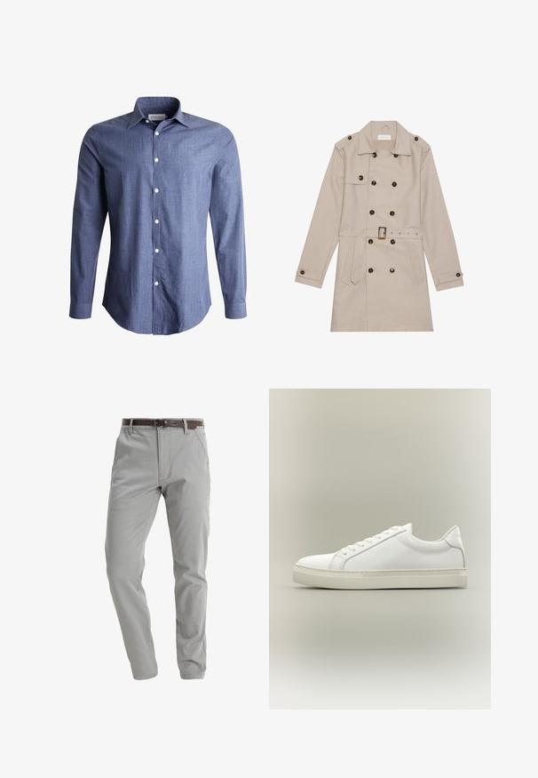 Manteau beige à double boutonnage, grandes boutons foncés, taille ceinturée, épaulettes et deux poches frontales.; Chemise à manches longues bleue en tissu léger, avec un col classique, un devant à boutons et des boutons blancs. Texture lisse, design polyvalent.; Pantalons gris clair en tissu doux, avec une coupe droite, des poches avant et une ceinture en cuir marron pour le maintien.; Baskets blanches basses à lacets sur l’avant et semelle épaisse, vues de côté sur un fond neutre.