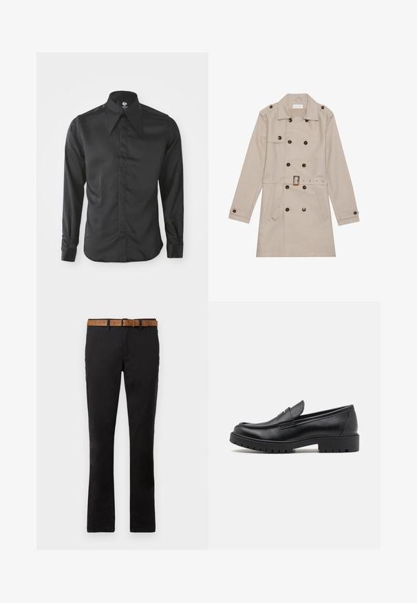 Manteau beige à double boutonnage, grandes boutons foncés, taille ceinturée, épaulettes et deux poches frontales.; Chemise noire à manches longues en tissu lisse. Dotée d'un col pointu, d'une fermeture à boutons sur le devant et de manches ajustées avec des poignets à boutons.; Chinos en coton noir avec une coupe droite, accompagnés d'une ceinture en cuir marron. Texture lisse, poches avant classiques et passants de ceinture.; Mocassins en cuir noir avec un bout arrondi, un design à enfiler et une semelle en caoutchouc épaisse avec une texture antidérapante. Talon surélevé et détails de surpiqûre subtils.