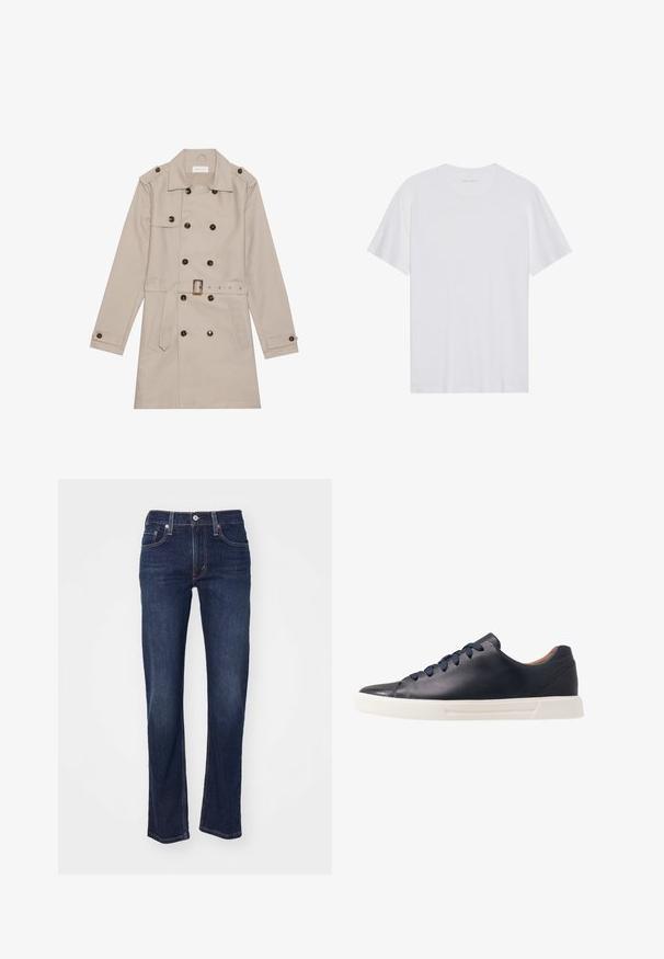 Beige trenchcoat met een dubbelzijdig ontwerp, grote donkere knopen, een ceintuur in de taille, schouderepauletten en twee vo zakken.; Witte katoenen T-shirt met korte mouwen, een ronde hals en een gladde textuur. Heeft minimale branding op de halslijn.; Donkerblauwe denim jeans met een rechte pijp, met een traditionele vijf-pocketontwerp en gestikte details op de naden.; Marineblauwe leren sneakers met een gladde afwerking, platte witte rubberen zool, ronde neus en zes marineblauwe veters die door ronde oogjes zijn geregen.