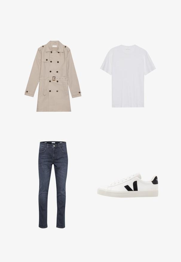Trench beige con diseño de doble botón, grandes botones oscuros, cintura ceñida con cinturón, hombreras y dos bolsillos frontales.; Camiseta de algodón blanca con mangas cortas, cuello redondo y una textura suave. Presenta una marca mínima en el escote.; Jeans de denim azul oscuro con un ajuste slim, que cuentan con cinco bolsillos, costuras claras y un clásico cierre con cremallera y botón.; Zapatilla de cuero blanca con acentos de ante negro; presenta una suela de goma, puntera redonda y un diseño clásico de cordones. Logo lateral en negro.