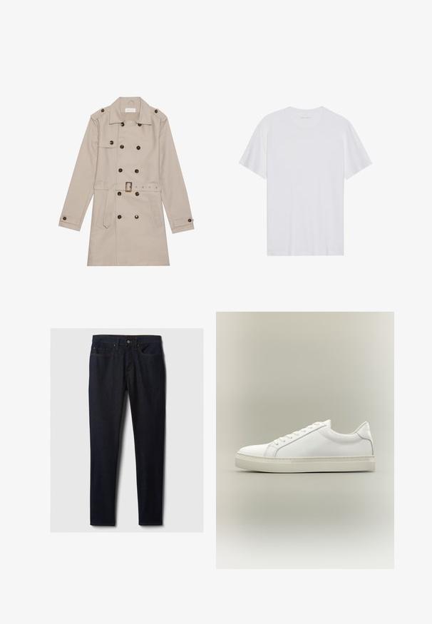 Manteau beige à double boutonnage, grandes boutons foncés, taille ceinturée, épaulettes et deux poches frontales.; T-shirt en coton blanc à manches courtes, col rond et texture lisse. Présente un branding minimal au niveau du col.; Jean en denim bleu foncé avec une coupe droite, disposant de poches avant, d'une fermeture à bouton métallique et de surpiqûres jaunes contrastantes.; Baskets blanches basses à lacets sur l’avant et semelle épaisse, vues de côté sur un fond neutre.