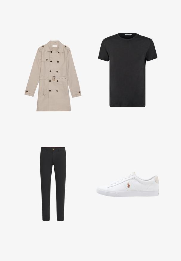 Trench beige con diseño de doble botón, grandes botones oscuros, cintura ceñida con cinturón, hombreras y dos bolsillos frontales.; Camiseta de algodón negra con cuello redondo y mangas cortas. La tela tiene una textura suave y no presenta patrones ni adornos. Corte regular.; Pantalones ajustados negros con trabillas para cinturón, bolsillos delanteros y cierre de botón en la cintura.; Zapatilla de lona blanca con diseño de corte bajo, que cuenta con un taco trasero beige y un pequeño logo bordado en el costado. Suela de goma.