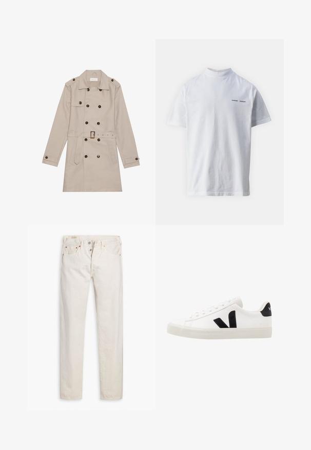 Beige trenchcoat med dobbelt række, store mørke knapper, talje med bælte, skulderlapper og to frontlommer.; Hvid bomulds t-shirt med høj halsudskæring og korte ærmer. Har "SAMSØE SAMSØE" logo i sort på forsiden. Glat tekstur.; Off-white high-waisted slim-fit jeans med knaplukning, fem lommer og kobbernitter, lagt fladt på en hvid baggrund.; Hvide lædersneakers med sorte ruskindsdetaljer; har en gummisål, rund tå og klassisk snørebåndsdesign. Side logo i sort.