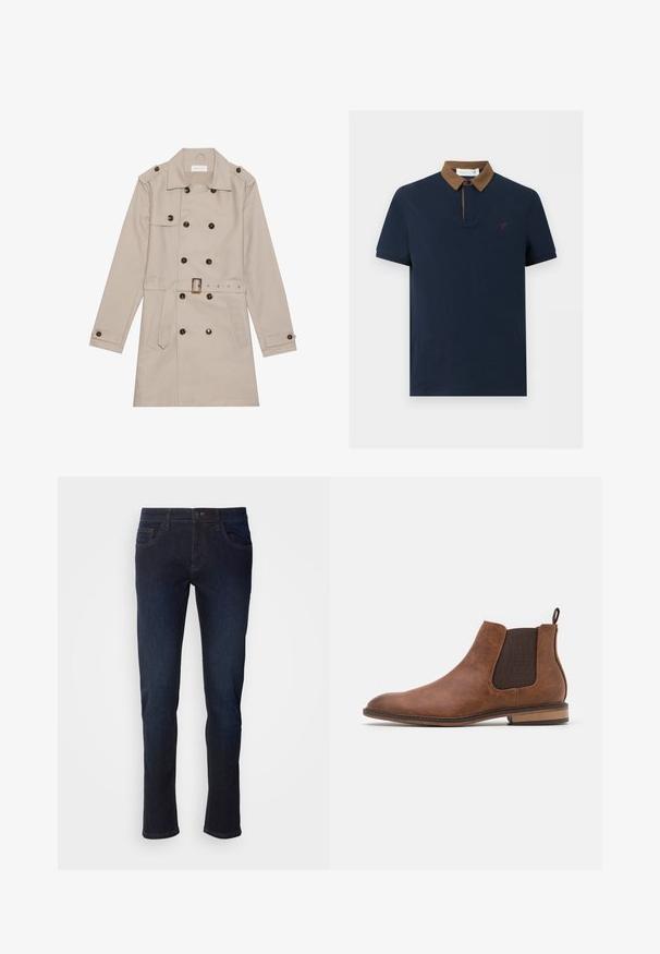 Manteau beige à double boutonnage, grandes boutons foncés, taille ceinturée, épaulettes et deux poches frontales.; Polo bleu marine à manches courtes avec col en velours côtelé marron et petit logo rouge brodé sur la poitrine gauche.; Jean en denim bleu foncé avec une coupe droite, dotés de poches avant, d'une fermeture éclair et de détails de couture subtils.; Botte Chelsea en cuir marron avec des panneaux élastiques sur les côtés, bout arrondi et languette. Présente une finition texturée et un petit talon en bois.