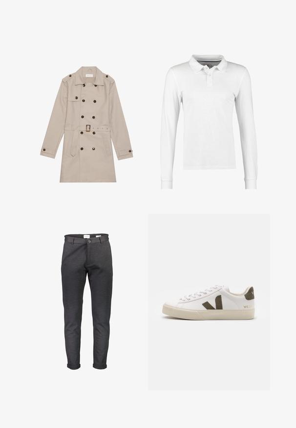 Beige Trenchcoat mit doppelreihigem Design, großen dunklen Knöpfen, tailliertem Gürtel, Schulterklappen und zwei vorderen Taschen.; Langarm-Poloshirt aus weißer Baumwolle mit einem kragenförmigen Halsausschnitt, einer Knopfleiste mit drei Knöpfen und einer schlichten Struktur ohne Muster oder Verzierungen.; Schmal geschnittene, dunkelgraue Hose aus weichem Stoff, mit Knopfverschluss, Gürtelösen und hochgekrempelten Beinen. Glatte Textur ohne Muster.; Weiße Leder-Sneaker mit einer hellbeigen Gummisohle. Mit braunem Wildleder-V-Logo und Fersenlasche. Schnürverschluss mit texturierter Oberfläche.