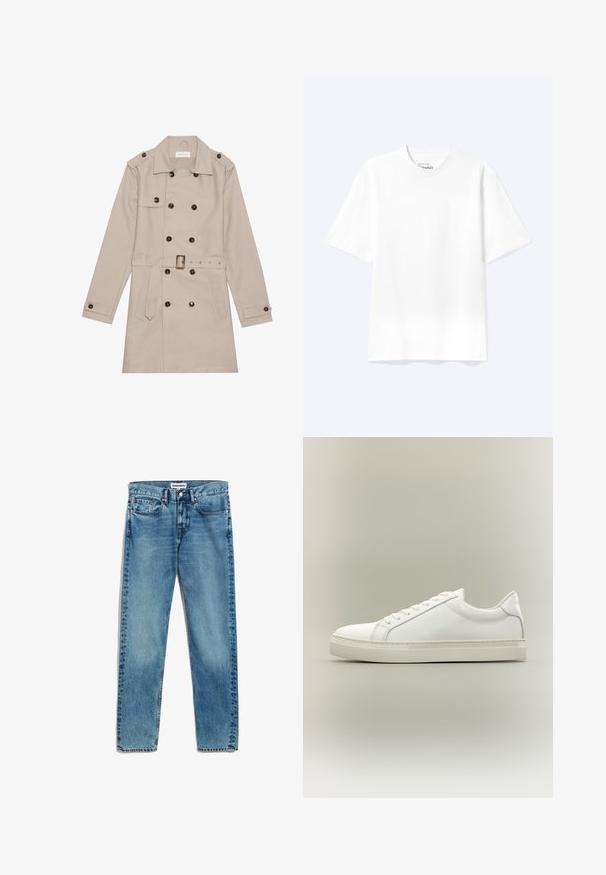 Beige trenchcoat met een dubbelzijdig ontwerp, grote donkere knopen, een ceintuur in de taille, schouderepauletten en twee vo zakken.; Effen witte T-shirt met korte mouwen en ronde hals, met een losse pasvorm, weergegeven op een lichte achtergrond.; Lichtblauwe spijkerbroek met een rechte snit, voorzien van vijf zakken, een ritsluiting en subtiele vervaging op de stof. Metaal knoopsluiting.; Witte lage sneaker met veters aan de voorkant en dikke zool, zijaanzicht tegen een neutrale achtergrond.