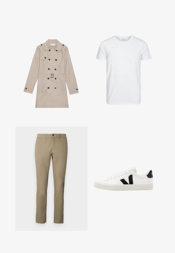 Manteau beige à double boutonnage, grandes boutons foncés, taille ceinturée, épaulettes et deux poches frontales.; T-shirt à col rond à manches courtes de couleur blanche unie, fabriqué en coton doux, avec un design simple sans motifs ni accents visibles.; Chinos kaki en mélange de coton, avec une coupe droite, une taille standard avec fermeture à bouton et des poches latérales.; Sneaker blanche en cuir avec des accents en daim noir ; dispose d'une semelle en caoutchouc, d'un bout rond et d'un design classique à lacets. Logo latéral en noir.