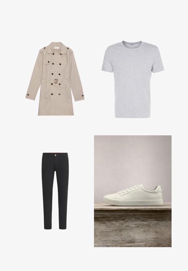 Manteau beige à double boutonnage, grandes boutons foncés, taille ceinturée, épaulettes et deux poches frontales.; T-shirt en coton gris avec un col rond, des manches courtes et un design sobre, offrant une texture douce et lisse sans motifs ni embellissements visibles.; Pantalon noir slim avec passants de ceinture, poches avant et fermeture par bouton à la taille.; Sneaker en dentelle blanche flottant au-dessus d'un banc en bois avec un feuillage vert en arrière-plan, mettant en valeur le design et la texture de la chaussure.