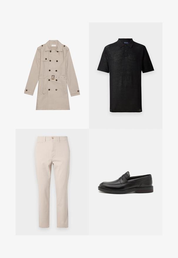Trench beige con diseño de doble botón, grandes botones oscuros, cintura ceñida con cinturón, hombreras y dos bolsillos frontales.; Camiseta polo negra hecha de un tejido de punto texturizado. Presenta mangas cortas, un cuello y una tapeta con tres botones. Diseño ligero, ajuste casual.; Pantalones de algodón beige con corte recto, que cuentan con un cierre de botón en la parte frontal, presillas para cinturón y un bolsillo trasero. Textura suave.; Mocasines de cuero negro con detalle de costura en la puntera, dos correas horizontales en la parte superior y un tacón de madera. Textura suave y forma redondeada.